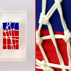 Packaged 12 of n : (19.5"x12"x5.5" wood, rope, and cloth wrapped corrugated cardboard box mounted on wood panel)